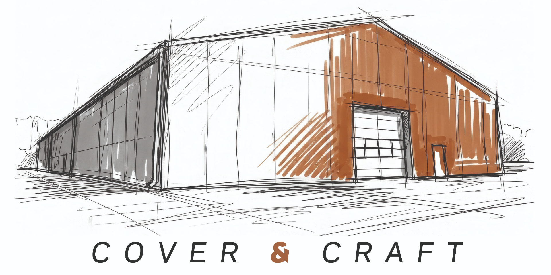 Cover & Craft – handgezeichnete Industriehalle mit terrakottafarbenem Akzent