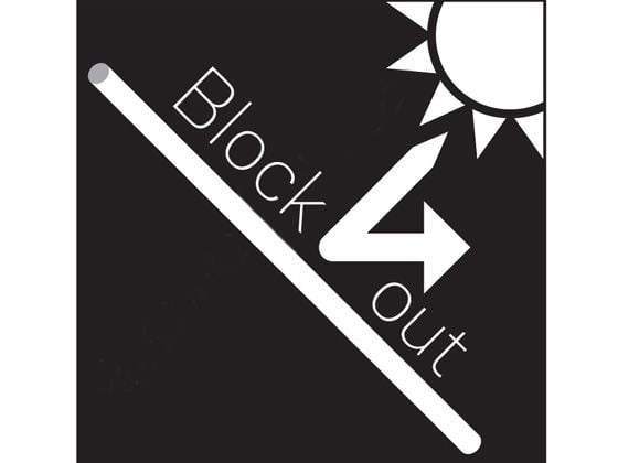 Schriftzug „Block Out“ mit Pfeil und Sonne auf schwarzem Hintergrund.