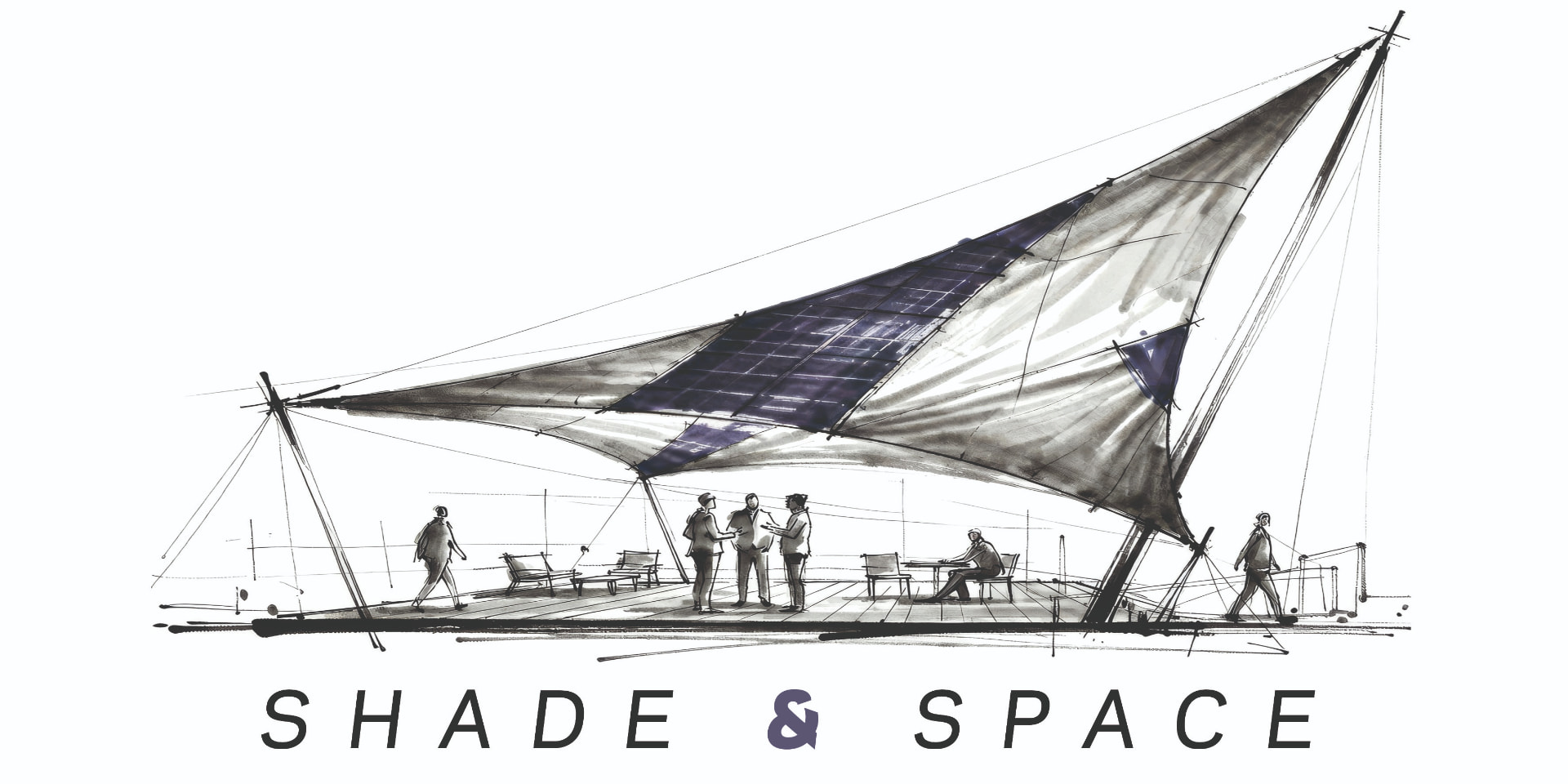 Shade & Space – handgezeichnetes Sonnensegel mit violettem Akzent