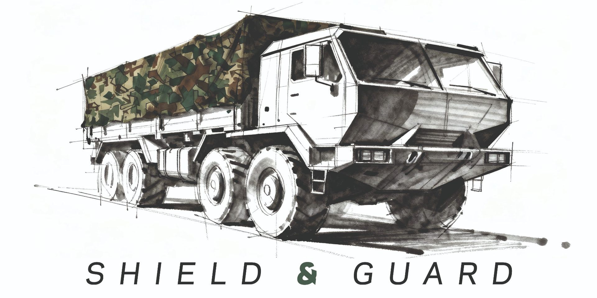 Shield & Guard – handgezeichnetes militärisches Nutzfahrzeug mit grünem Akzent