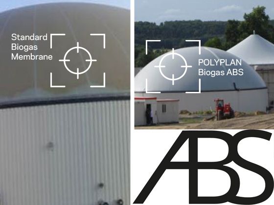 Vergleich zweier Biogasanlagen: links Standard-Biogasmembran, rechts POLYPLAN Biogas ABS.