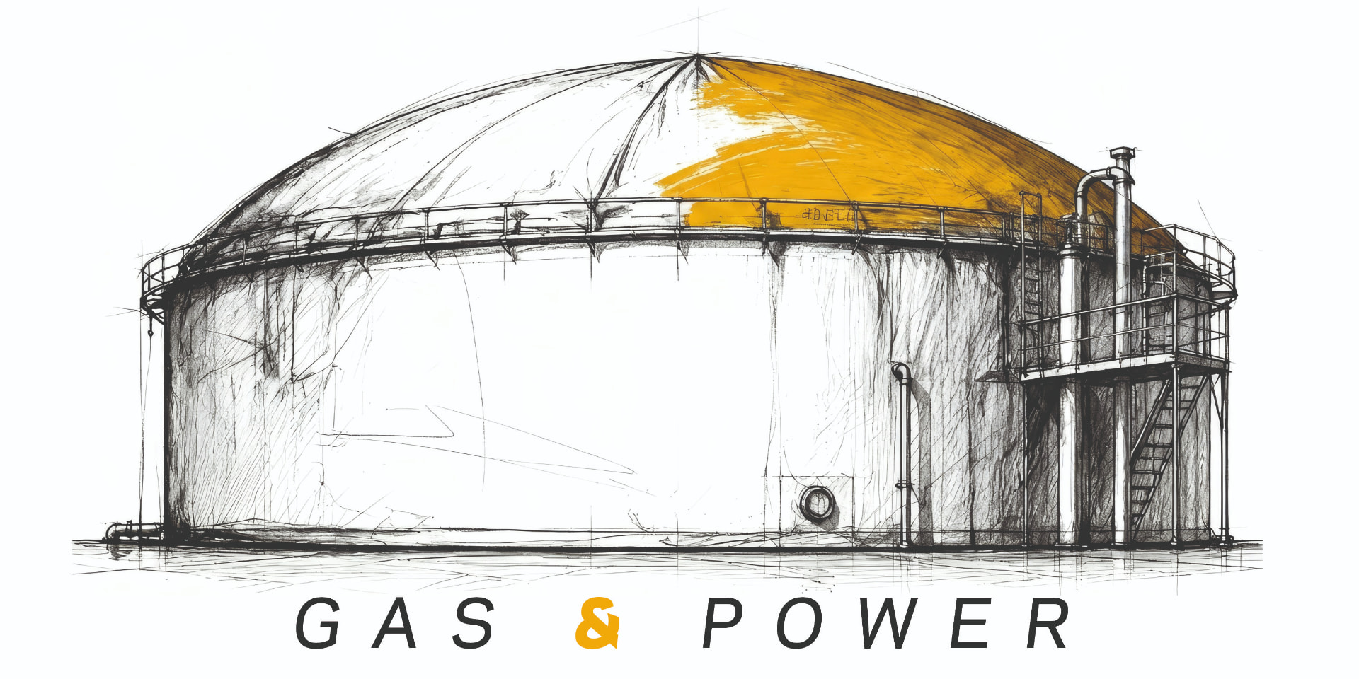 Gas & Power – handgezeichneter Gasspeicher mit gelbem Akzent